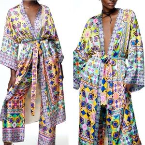 Zara Printed Satin Belted Long Maxi Kimono blogger favorite size XS